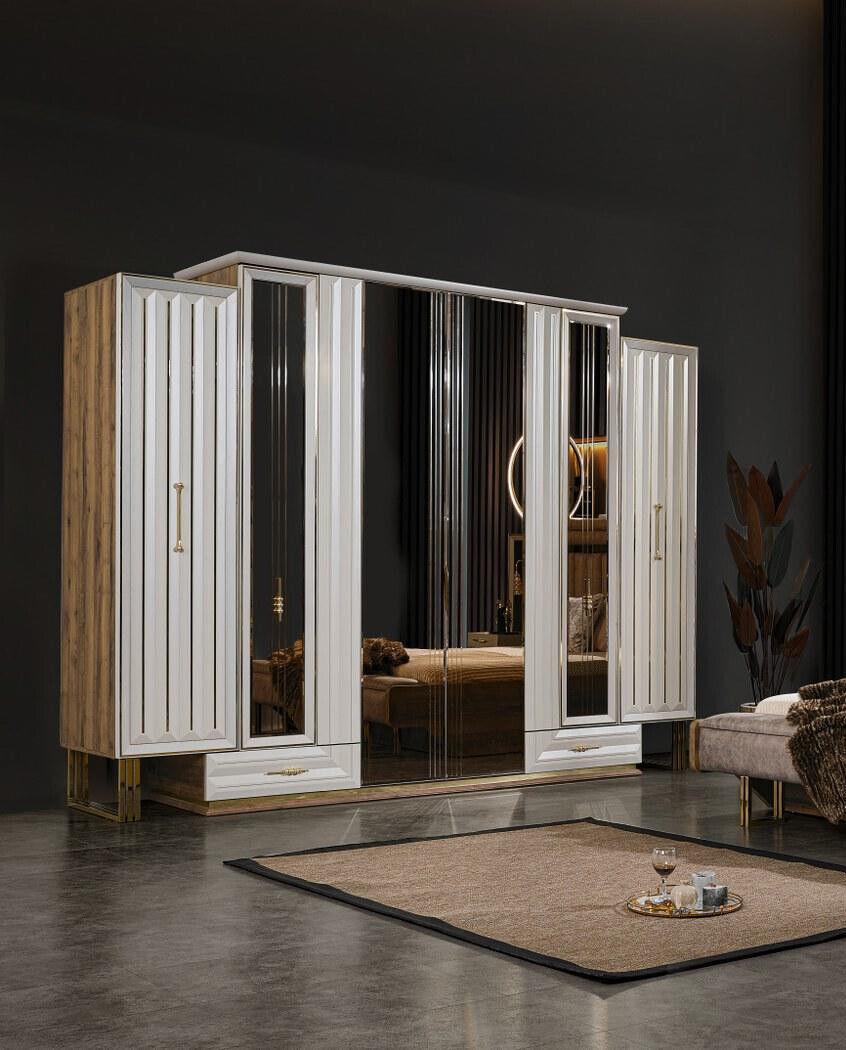 Garderobenschrank Luxus Kleiderschrank Holzschrank mit Spiegel Beige Garderobenschrank Luxus Kleiderschrank Holzschrank mit Spiegel Beige von JV Möbel