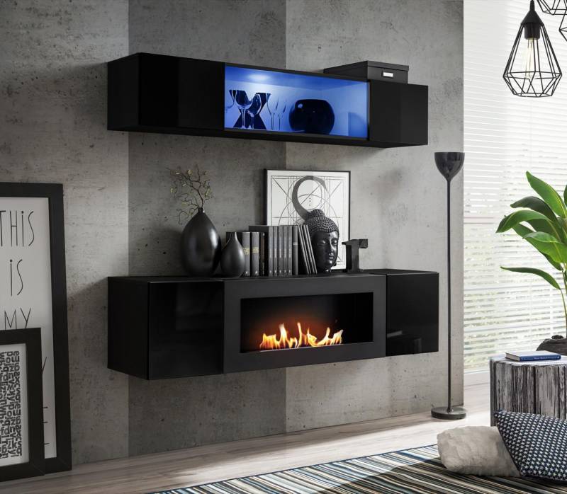 Garnitur 2tlg Hänge Sideboard mit Kamin Schrank Komplett Wohnzimmer Hochglanz von JV Möbel