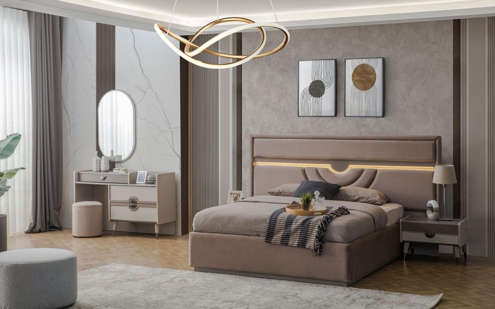 Garnitur Doppelbett Bett Nachttische Beige 6tlg Schminktisch Moderne von JV Möbel