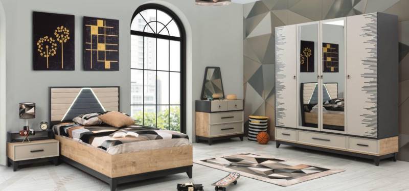 Garnitur Kinderzimmer Bett Kinderbett Braun Holz Sets Jugenbett 5tlg von JV Möbel