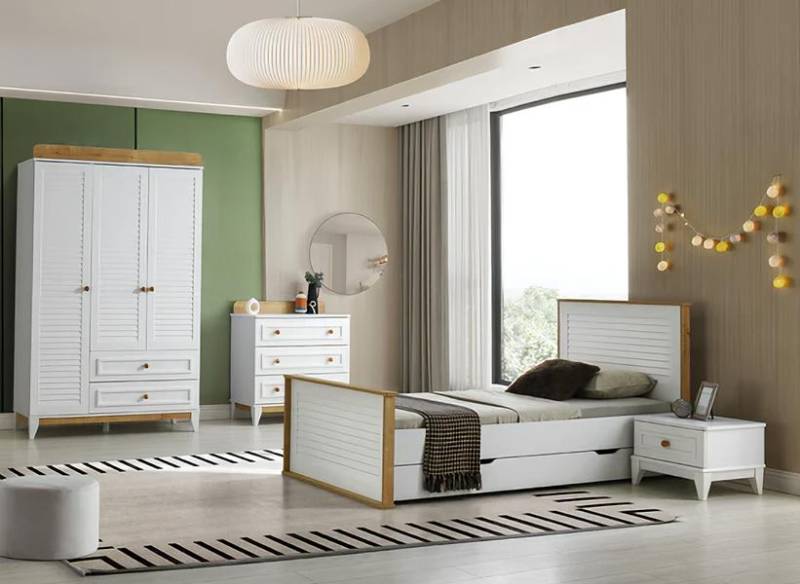 Garnitur Kinderzimmer Jugendbett Bettrahmen Bett Set 4tlg Holz Weiß Schlafzimmer von JV Möbel