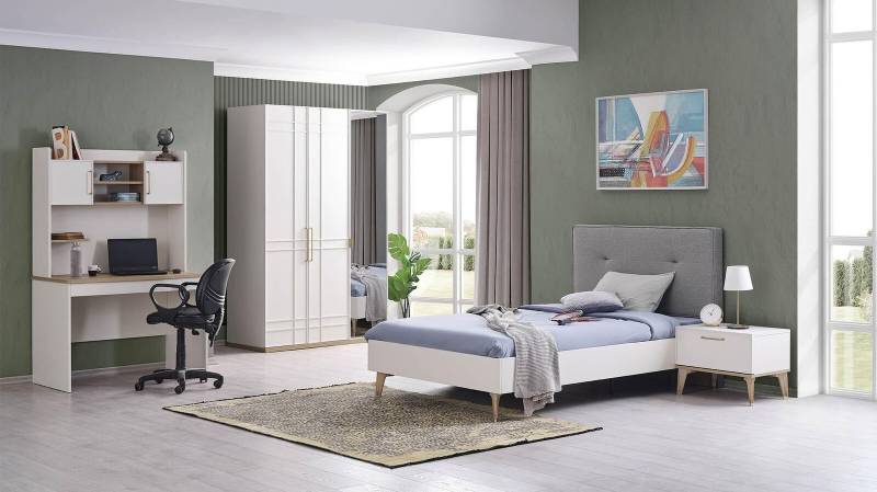Garnitur Kinderzimmer Kinderbett Jugendbett Bett Set 4tlg Weiß Holz von JV Möbel