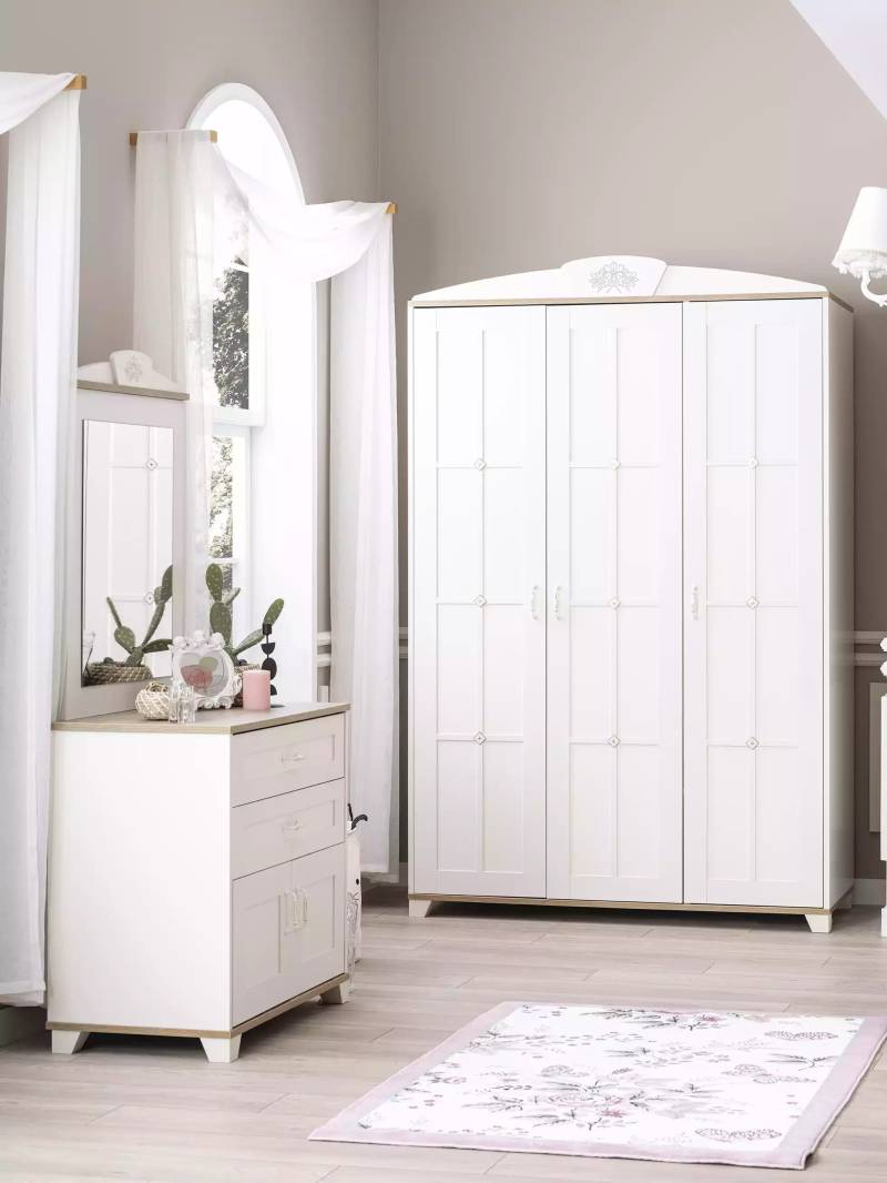 Garnitur Schlafzimmer Kleiderschrank Set 3tlg Kommode Holz Weiß von JV Möbel