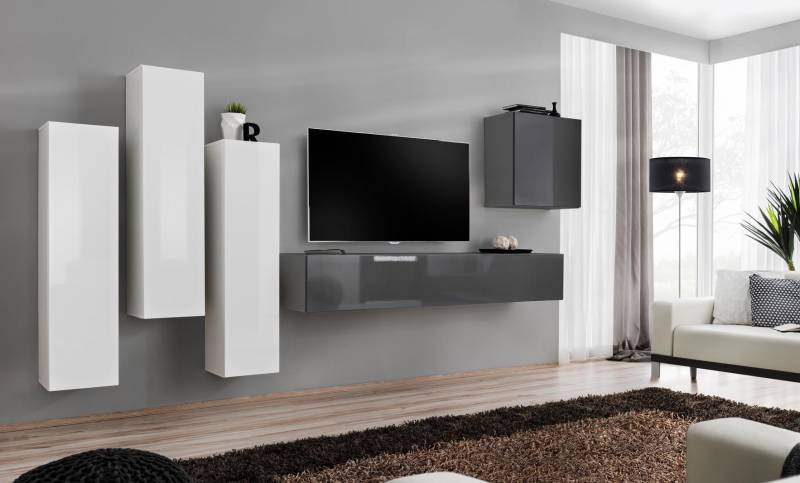 Garnitur Wohnwand Komplett Wohnzimmer Grau Sideboard TV-Ständer Wandschrank von JV Möbel