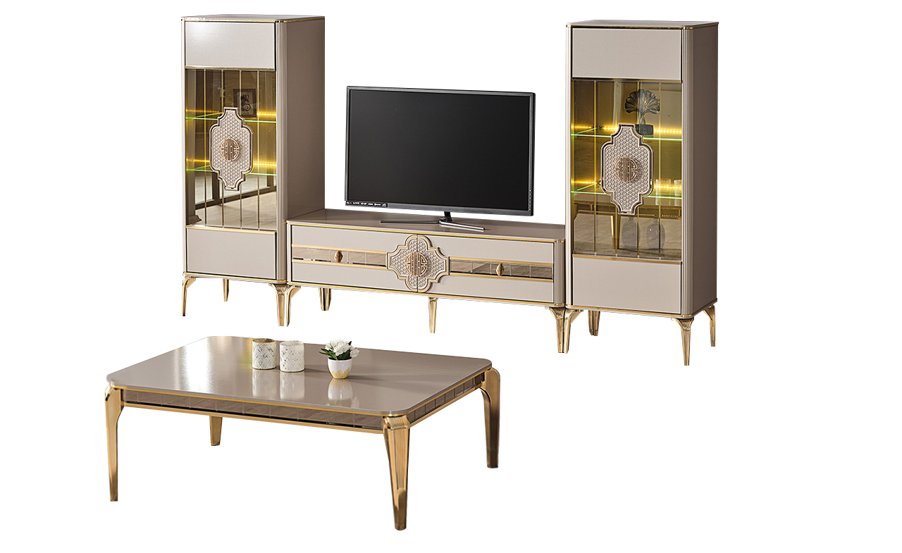 Garnitur Wohnzimmer TV Ständer Vitrinen Couchttisch 4tlg Schrank Beige Garnitur Wohnzimmer TV Ständer Vitrinen Couchttisch 4tlg Schrank Beige von JV Möbel