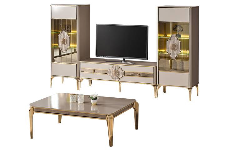 Garnitur Wohnzimmer TV Ständer Vitrinen Couchttisch 4tlg Schrank Beige von JV Möbel