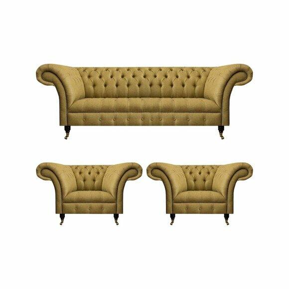 Gelb Wohnzimmer Set Komplett 2x Sessel Chesterfield Dreisitzer Sofa Couch Gelb Wohnzimmer Set Komplett 2x Sessel Chesterfield Dreisitzer Sofa Couch von JV Moebel