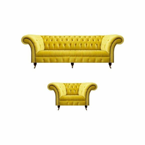 Gelbe Chesterfield Couchen Designer Wohnzimmer Sofagarnitur Sessel 3-er von JV Moebel
