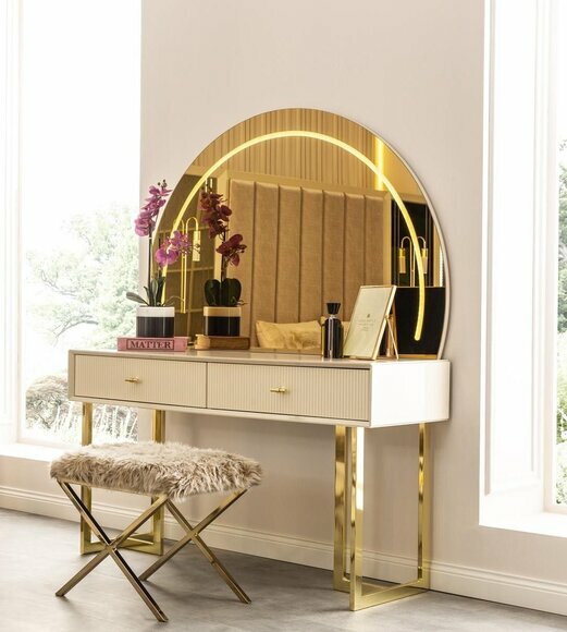 Goldenes Schlafzimmer Set Designer Schminktish Runder Spiegel 2tlg von JV Moebel