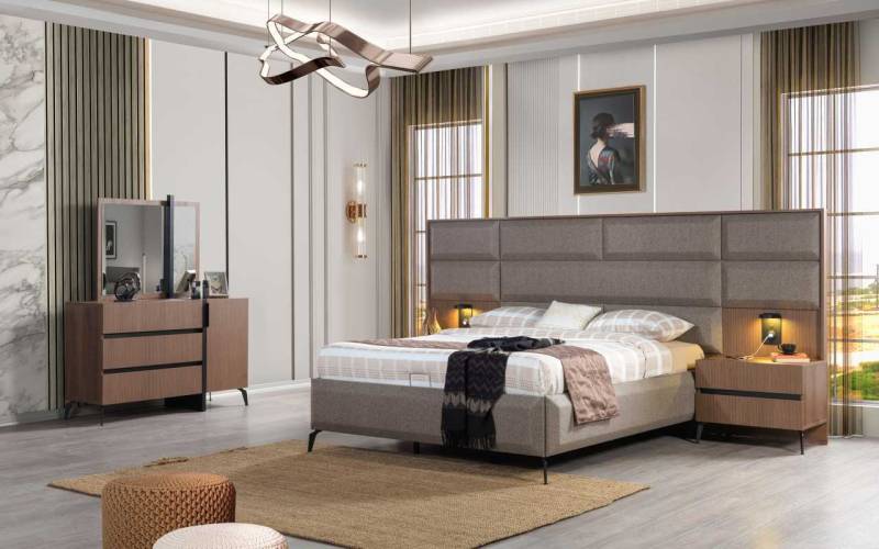 Grau-Braunes Doppelbett Exklusive Schlafzimmer Kommode Spiegel 5tlg Set von JV Möbel