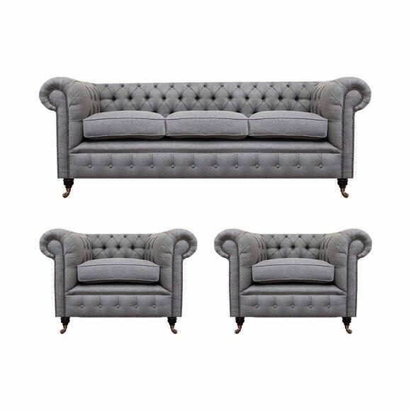 Grau Chesterfield Luxus Möbel Wohnzimmer Set 3tlg Sofas Textil Sessel von JV Moebel