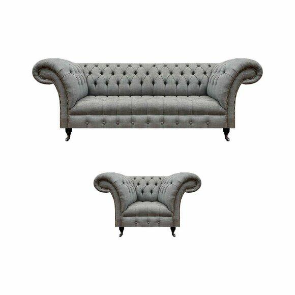 Grau Dreisitzer Couch Sofa Wohnzimmer Sessel Sitz Chesterfield Polstermöbel von JV Moebel