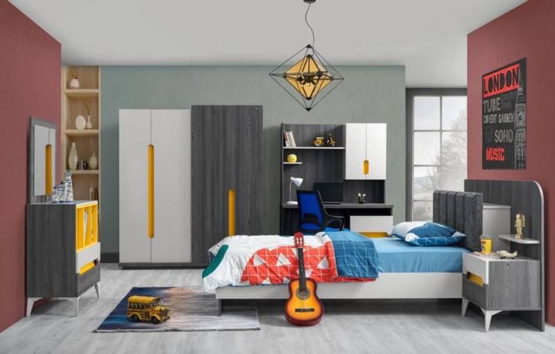 Grau Kinderzimmer Set Bett Nachttisch Kommode Kleiderschrank Schreibtisch Grau Kinderzimmer Set Bett Nachttisch Kommode Kleiderschrank Schreibtisch von JV Möbel