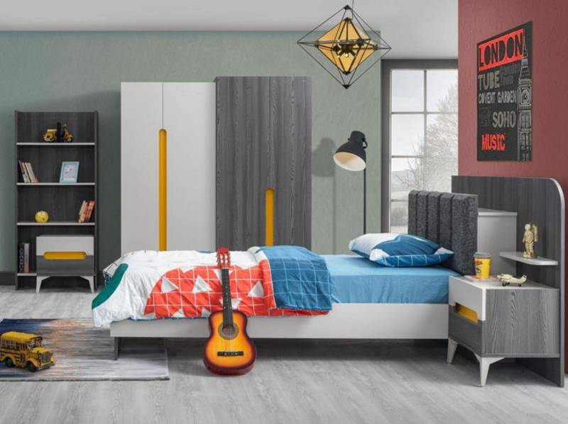 Grau Kinderzimmer Set Kinderbett Nachttisch Kommode Kleiderschrank Buecherregal von JV Möbel