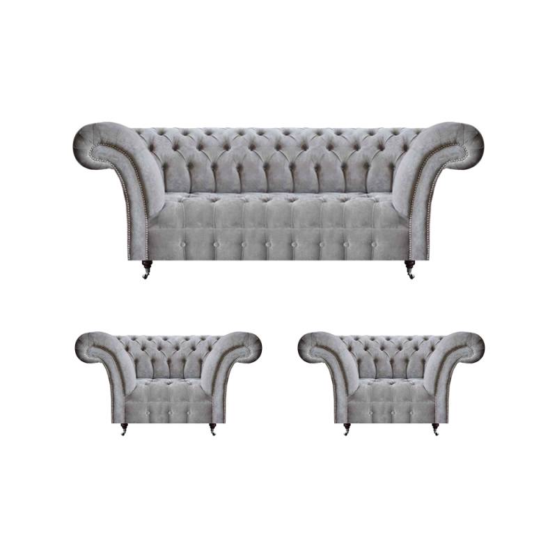 Grau Sofagarnitur 3tlg 2x Sessel Polstermöbel Dreisitzer Sofa Chesterfield von JV Möbel