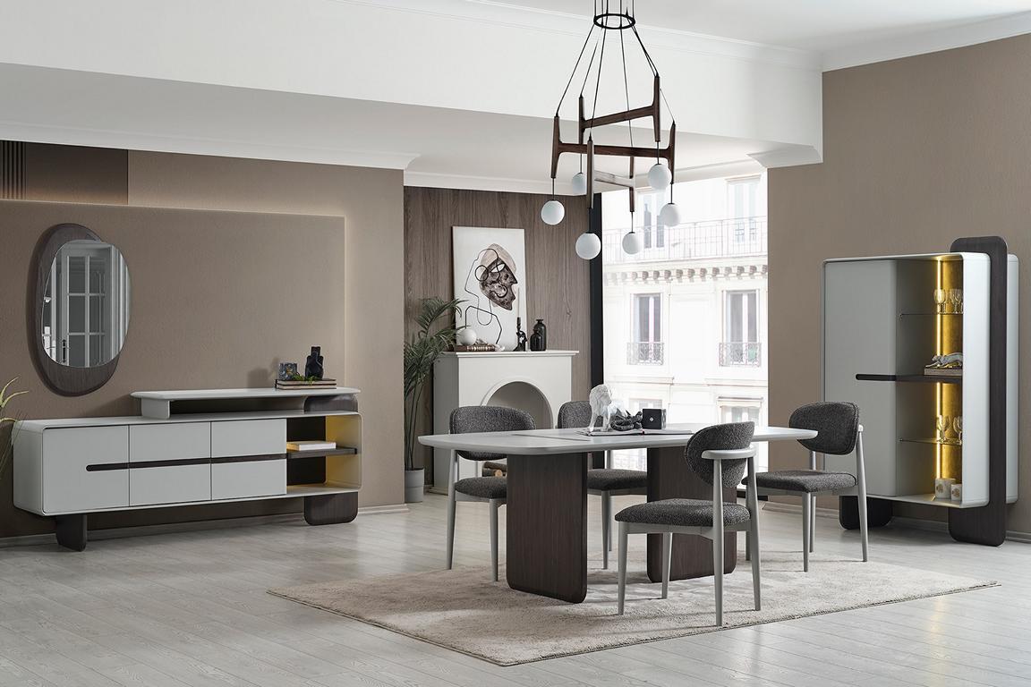 Grau-Weiße Esszimmer Möbel Esstisch 4x Luxus Stühle Designer Vitrine von JV Möbel