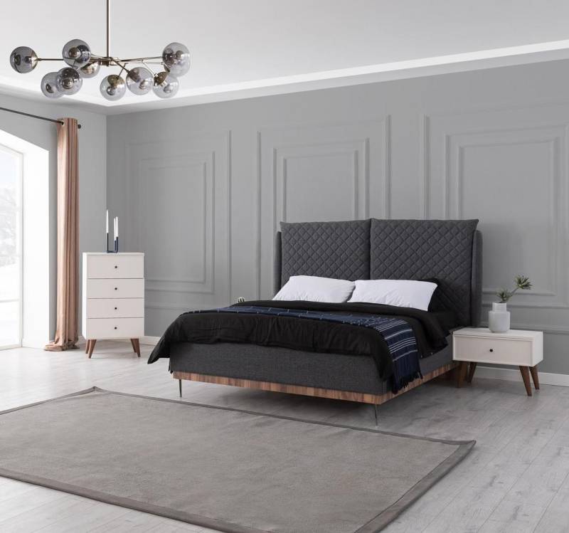Grau-Weiße Schlafzimmer Garnitur Bett Nachttische 4-Schubladen Kommode von JV Möbel