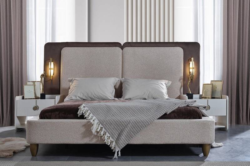 Grau-weißes Schlafzimmer Garnitur Designer Polster Doppelbett Nachttisch von JV Möbel