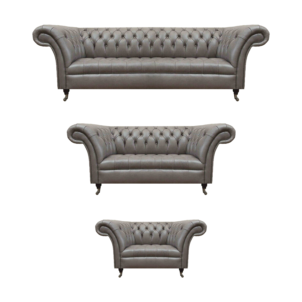 Graue Chesterfield Ledersofas Designer Einsitzer Dreisitzer Sofa Set von JV Möbel