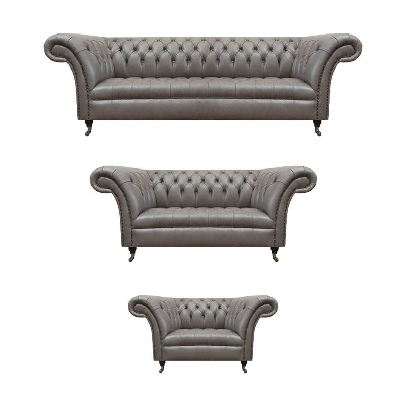 Graue Chesterfield Ledersofas Designer Einsitzer Dreisitzer Sofa Set von JV Möbel