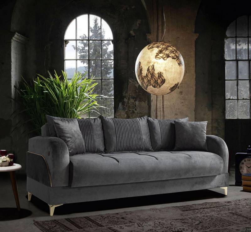 Graue Dreisitzer Couch Polster Möbel Couchen Stoff Sofas Textil mit Kissen von JV Möbel