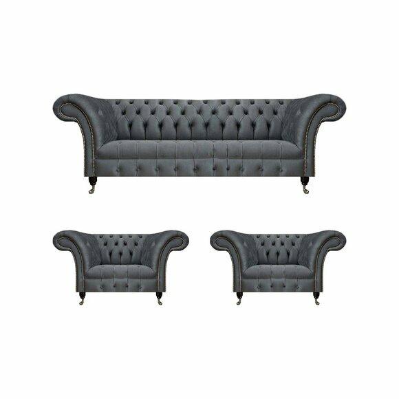 Graue Garnitur Chesterfield Sitzmöbel Designer Couch 2x Polstersessel von JV Moebel