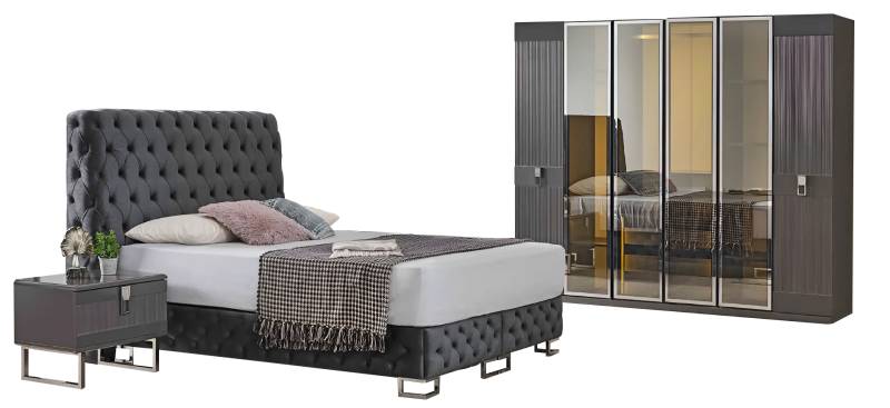 Graue Schlafzimmer Garnitur Doppelbett 2x Nachttische Schrank 4tlg Set von JV Moebel
