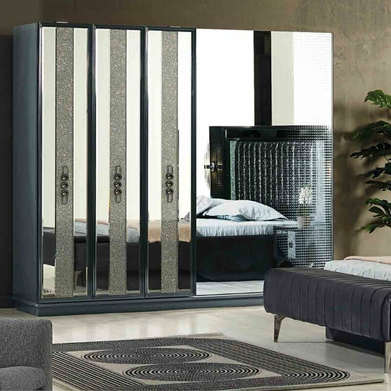 Grauer Kleiderschrank Schlafzimmer Holzschrank Moderner Spiegelschrank von JV Moebel