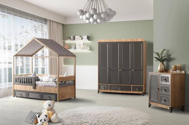 Graues Jugendzimmer Set Kinderzimmer Kommode Schrank und Bett 3tlg. von JV Möbel