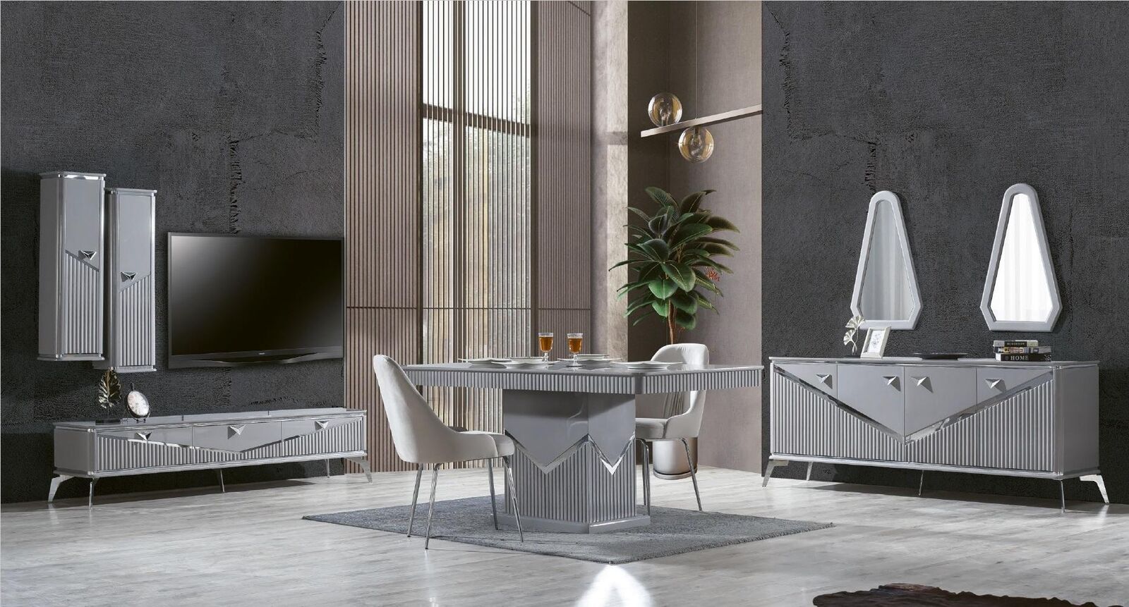 Graues moderner Esszimmer Set 4x Stuhl Spiegel Sideboard Regal 9tlg von JV Möbel