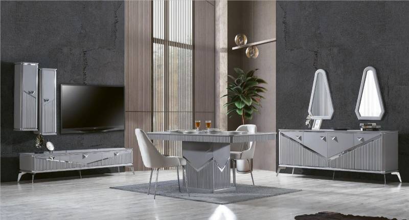 Graues moderner Esszimmer Set 4x Stuhl Spiegel Sideboard Regal 9tlg von JV Möbel