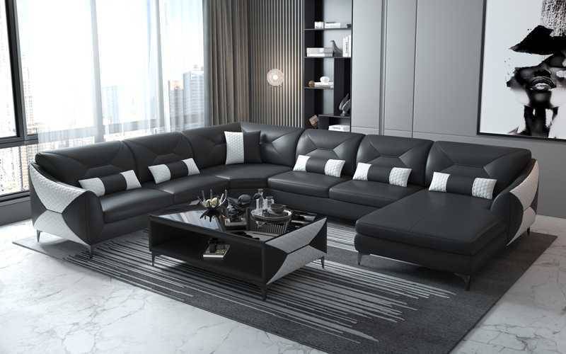 Groß Wohnlandschaft Sofa U Form Ecksofa Ledersofa Schwarz Kunstleder von JV Möbel
