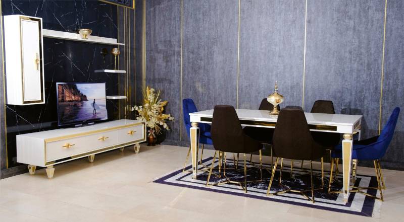 Großes Esszimmer Set Esstisch 6x Stühle TV-Ständer Wandregal Design von JV Möbel