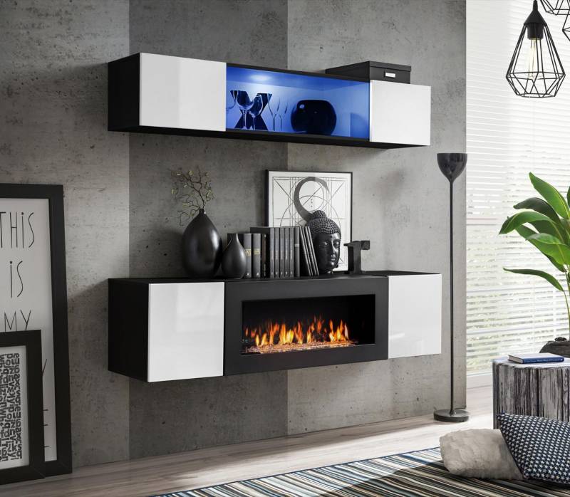 Hänge Sideboard Wohnzimmer Hochglanz mit Kamin Möbel Wandschrank Schrank 2 tlg. von JV Möbel