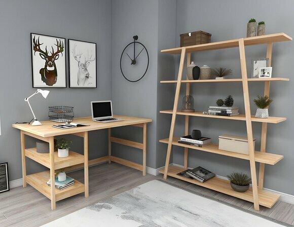 Hellbraune Arbeitszimmer Garnitur Designer Bürotisch Holz Bücherregal von JV Moebel