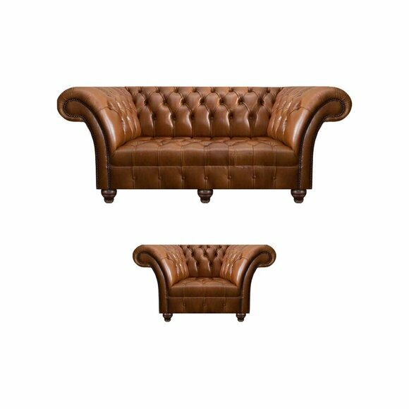 Hellbraune Chesterfield Ledergarnitur Sitzsofa Designer Sessel 2tlg Set von JV Moebel