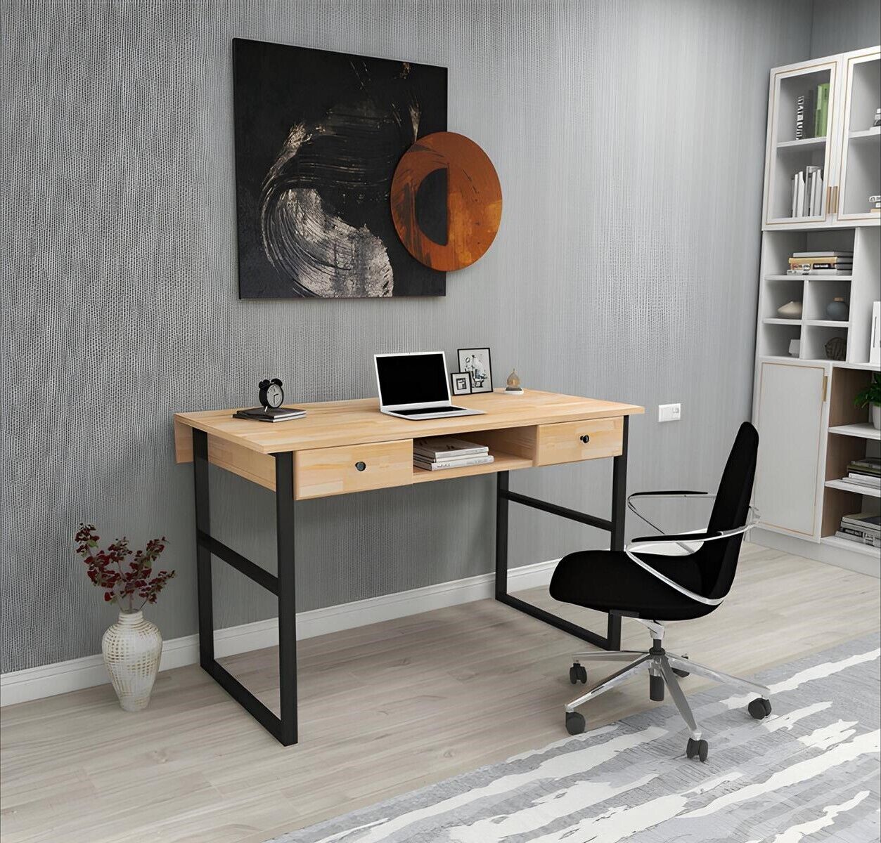 Hellbrauner Metalltisch Robuste Holz Tischplatte Edle Büro Schreibtische von JV Moebel
