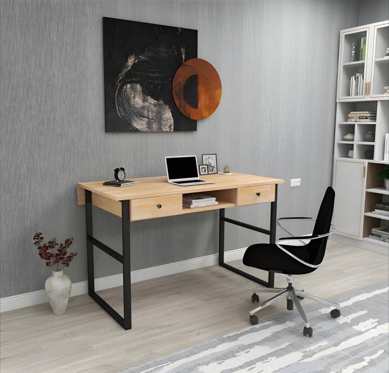 Hellbrauner Metalltisch Robuste Holz Tischplatte Edle Büro Schreibtische von JV Moebel