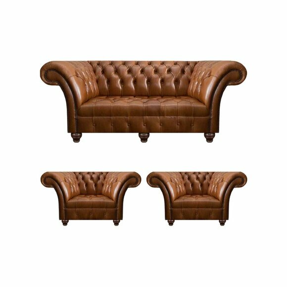 Hellbraunes Chesterfield Ledersofa Designer 2x Ledersessel Lehnsessel von JV Moebel