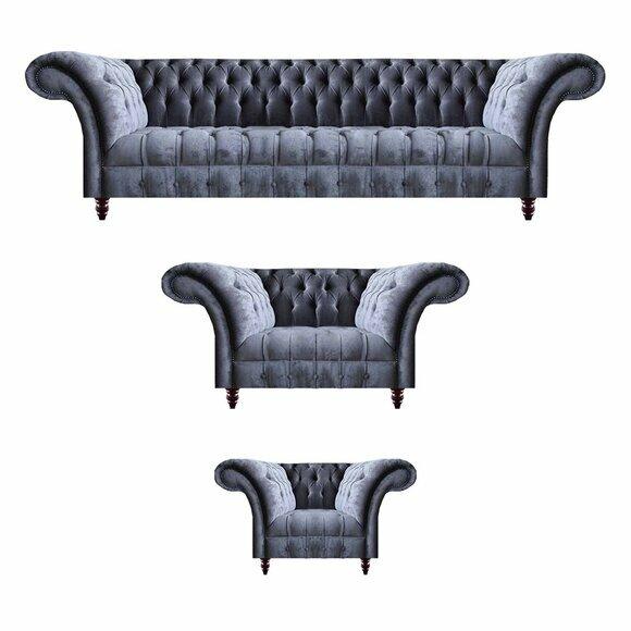 Hellgraue Chesterfield Couchen Designer Sitzgarnitur Viersitzer Sessel von JV Moebel