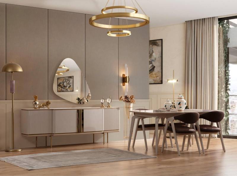 Holzmöbel Designer Esszimmergarnitur Beiger Esstisch 4x Stühle Anrichte von JV Moebel