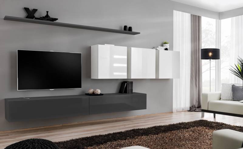Holzmöbel Wohnwand Grau Designer TV-Ständer Hochglanz Sideboard Wandschrank von JV Möbel