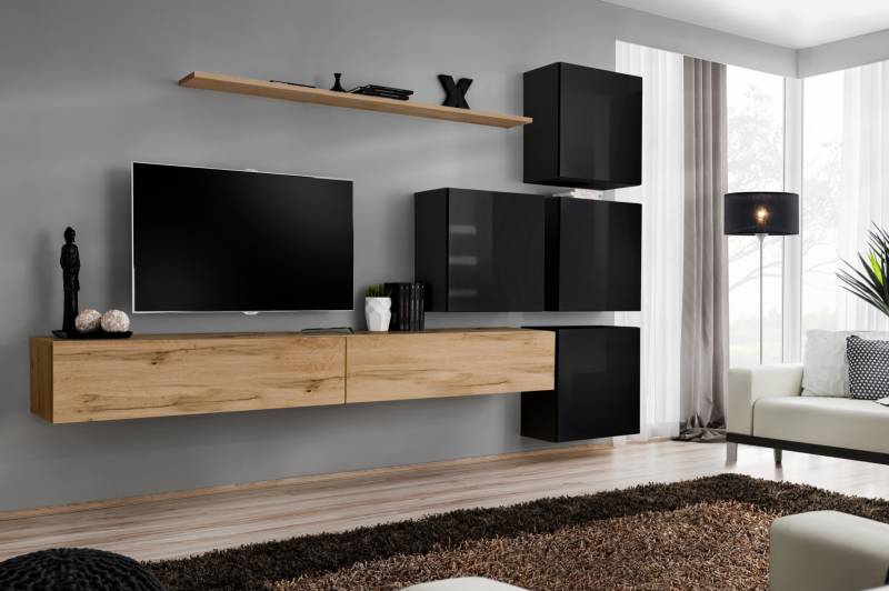 Holzmöbel Wohnwand TV-Ständer Wand Regal Komplett Luxus Garnitur Set von JV Möbel
