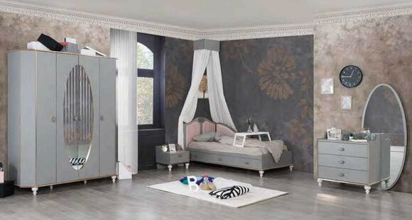Jugendzimmer Set Bett Kleiderschrank Nachttisch Kommode mit Spiegel Möbel 4tlg von JV Möbel