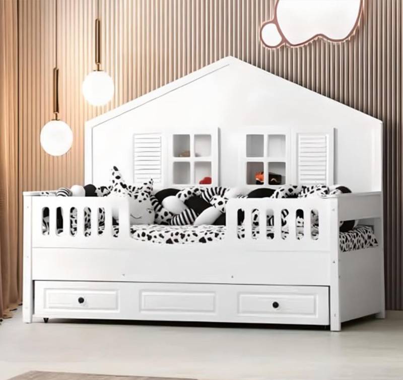 Kinderbett Holzbett Funktionsbett Ausziehbares Weiß Holz Bett 90 x 200 von JV Möbel