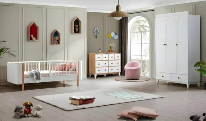 Kinderzimmer Garnitur Weiß Kinderbett Möbel Set Kommode Kleiderschrank Holz von JV Moebel