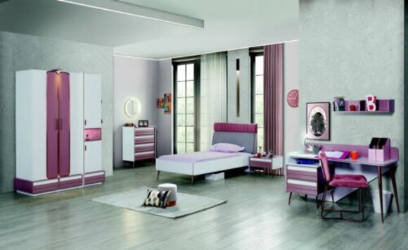 Kinderzimmer Komplett Bett Kleiderschrank Kommode Spiegel Wandregal 7tlg von JV Möbel