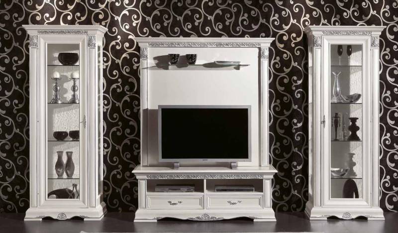 Klassische Wohn Wand Wohnzimmer Vitrine Sideboard RTV Regal Wände Schrank 4tlg. Massivholz von JV Möbel