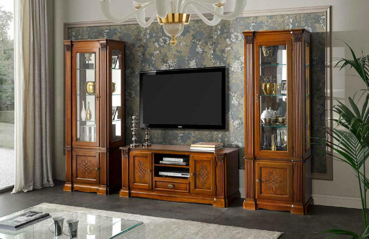 Klassische Wohnzimmer Vitrine Sideboard RTV Regal Wände Schrank 3tlg. Massivholz Klassische Wohnzimmer Vitrine Sideboard RTV Regal Wände Schrank 3tlg. Massivholz von JV Möbel