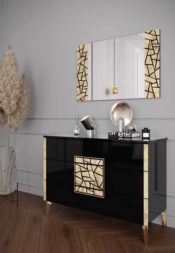 Kommode Spiegel Rechteckig Wohnzimmer Hochglanz Schwarz Gold Siebdruck von JV Möbel